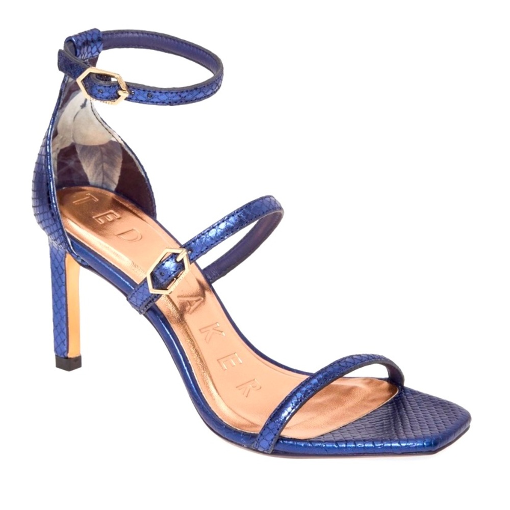 Ted Baker London Shoes NEW High Heeled Strapped Sandals in Metallic Navy SIZE 8